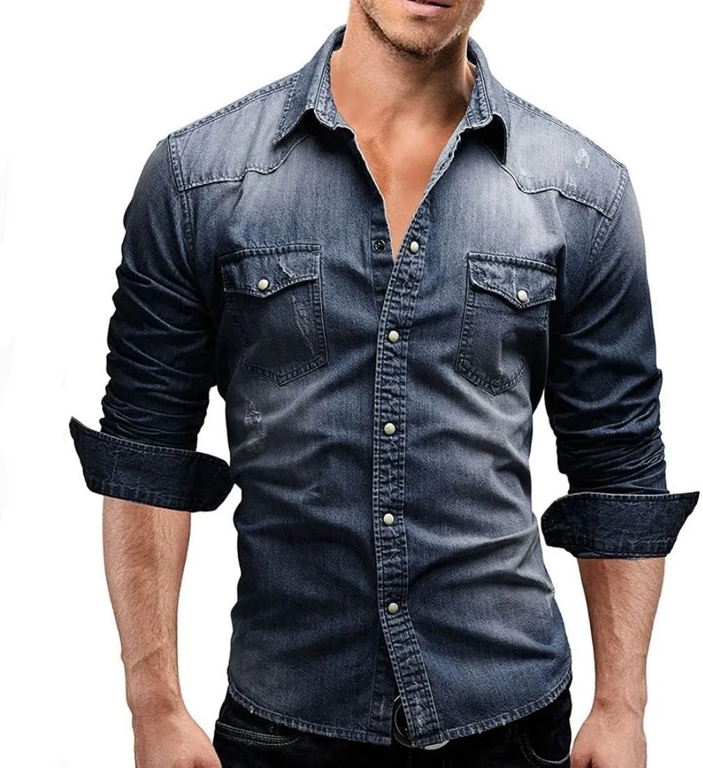Kinkia Men's Long Sleeve Denim Shirt Casual Snap Button Down Slim Fit Ripped Shirt Jacket