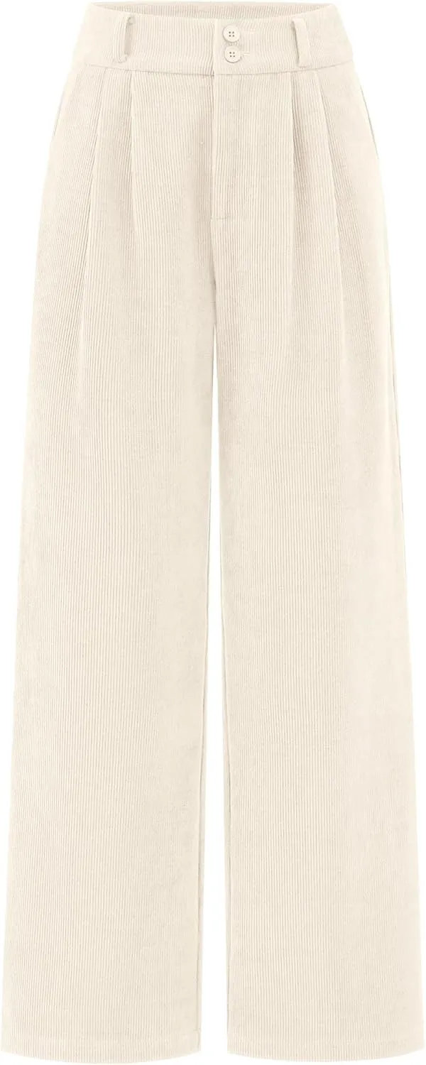 KIRUNDO Corduroy Pants Women High Waisted Wide Leg Pants Business Casual Fall Winter Straight Loose Trousers with Pockets