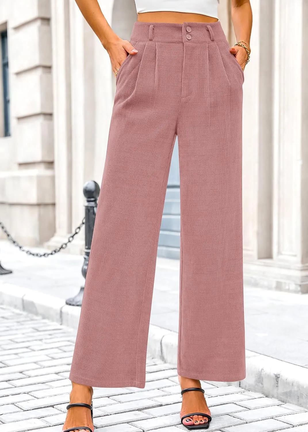 KIRUNDO Corduroy Pants Women High Waisted Wide Leg Pants Business Casual Fall Winter Straight Loose Trousers with Pockets