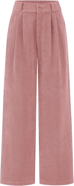 KIRUNDO Corduroy Pants Women High Waisted Wide Leg Pants Business Casual Fall Winter Straight Loose Trousers with Pockets