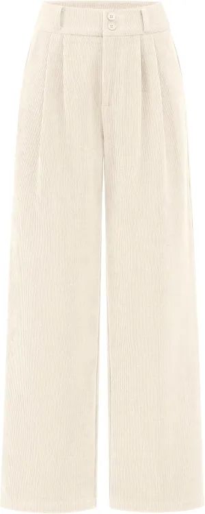 KIRUNDO Corduroy Pants Women High Waisted Wide Leg Pants Business Casual Fall Winter Straight Loose Trousers with Pockets