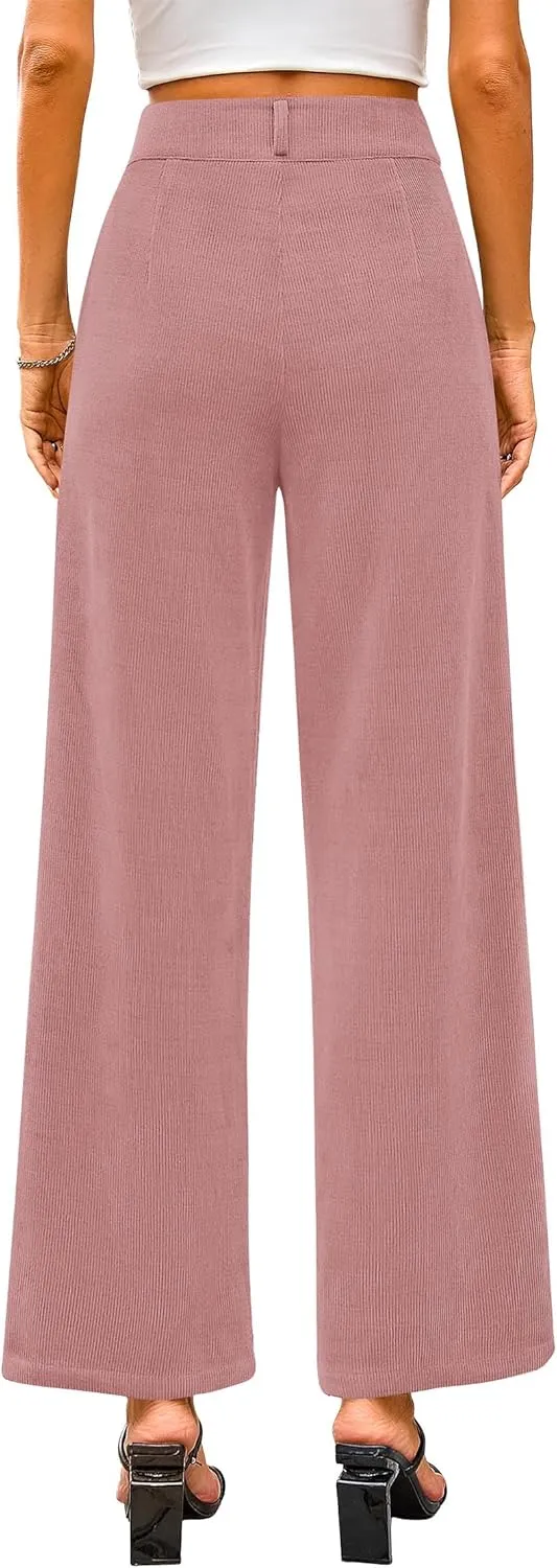 KIRUNDO Corduroy Pants Women High Waisted Wide Leg Pants Business Casual Fall Winter Straight Loose Trousers with Pockets