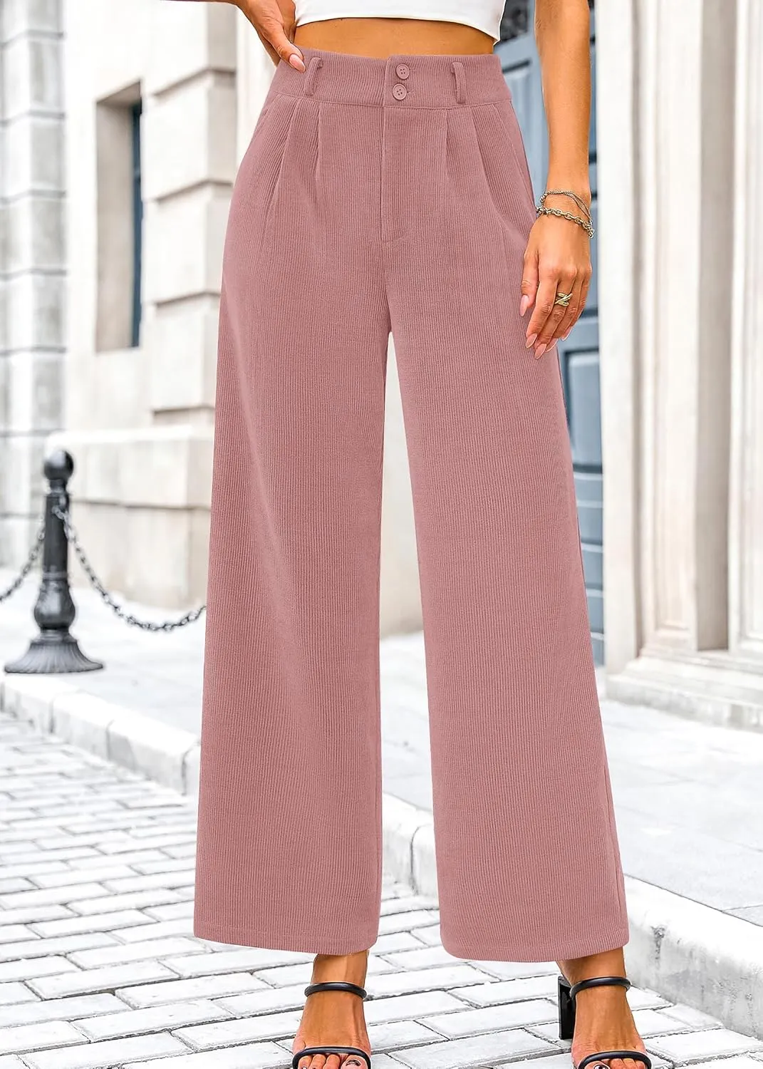 KIRUNDO Corduroy Pants Women High Waisted Wide Leg Pants Business Casual Fall Winter Straight Loose Trousers with Pockets