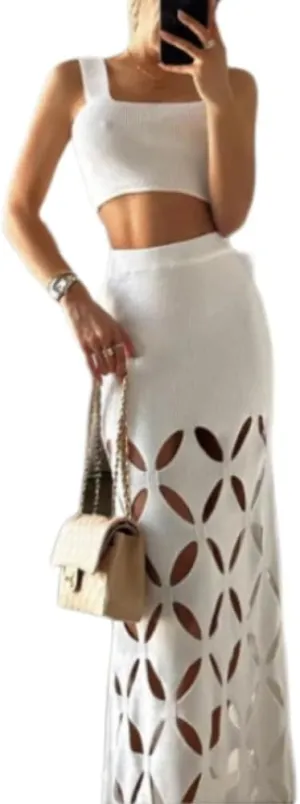 ksotutm Crochet Sets Two Piece Women Summer Causal Knit Halter Top and Hollow Out Maxi Skirt Matching Set