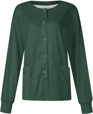 KUIOLYPOER Scrub Jackets for Woman Solid Color Long Sleeve Snap Front Nurses Uniform Plus Size Casual Pockets Scrub Tops