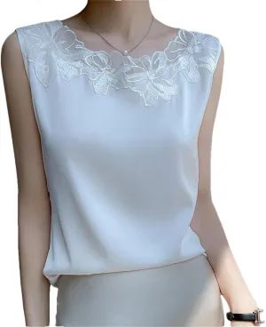 Lace O-Neck Silk Camisole Women Satin Bottoming Shirt Summer Vest Sleeveless Top Basic Tank Shirt