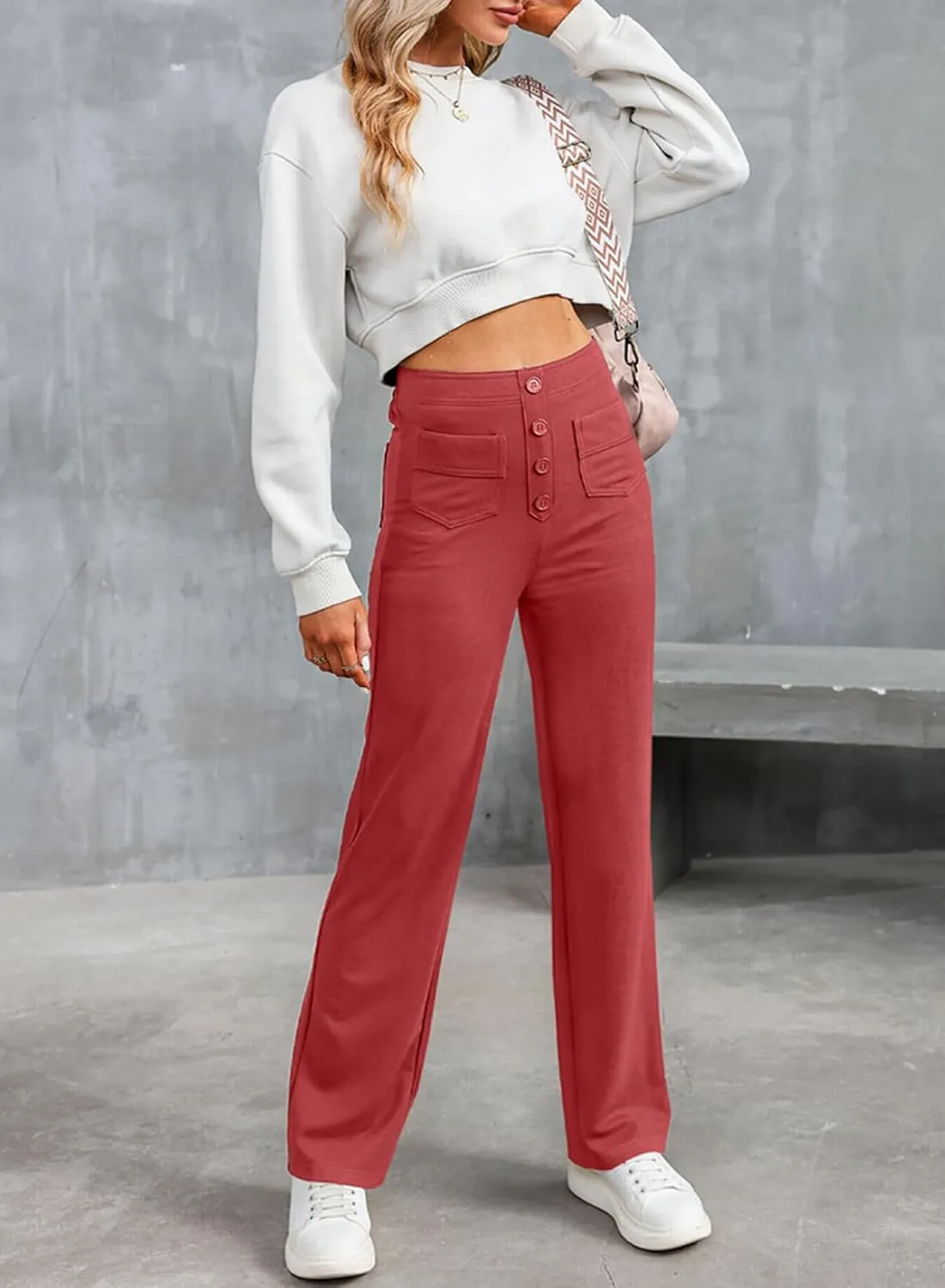 LAFOURAM Women's Straight Leg Pants High Waisted Business Casual Work Trousers with Pockets