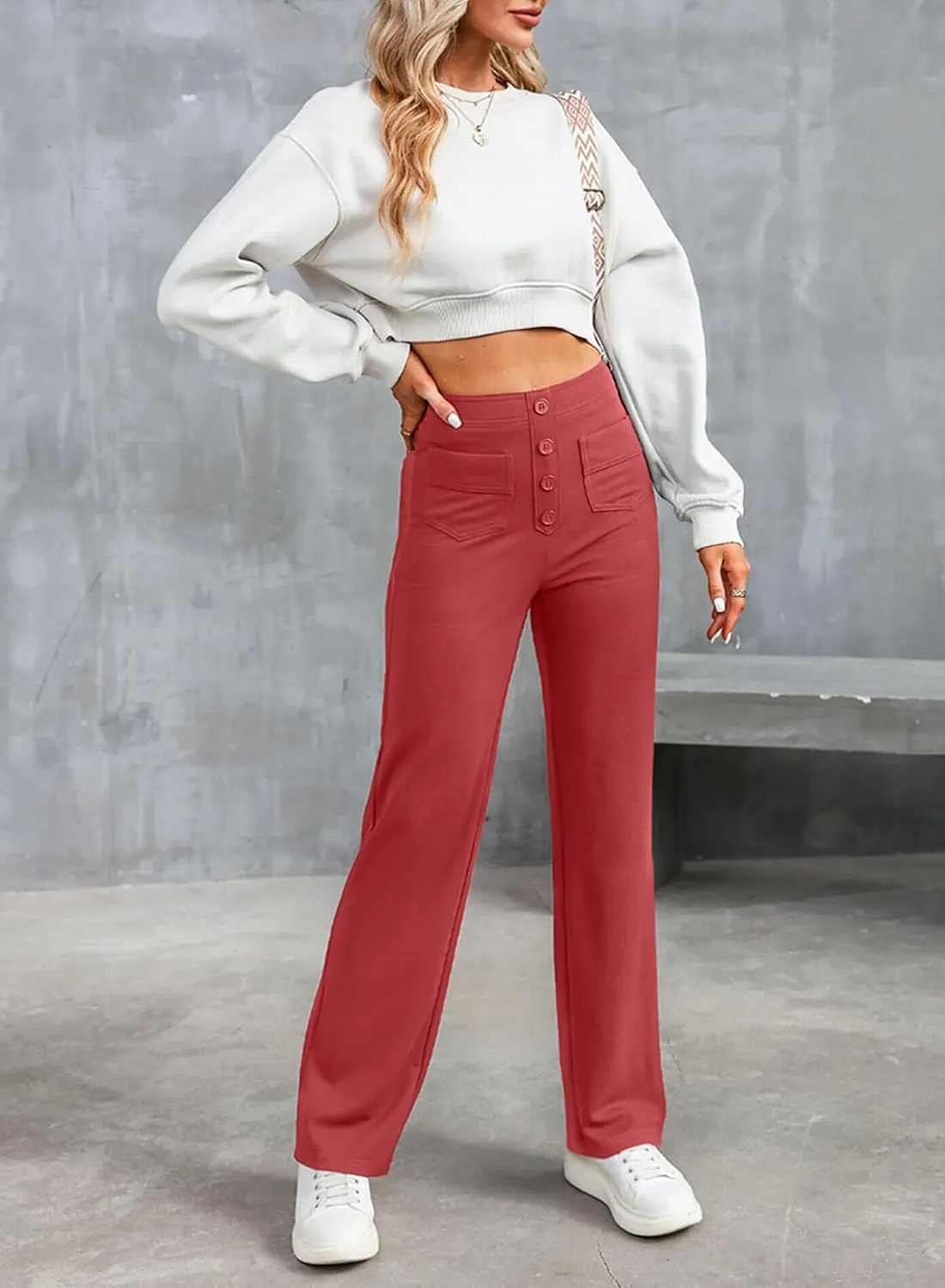 LAFOURAM Women's Straight Leg Pants High Waisted Business Casual Work Trousers with Pockets