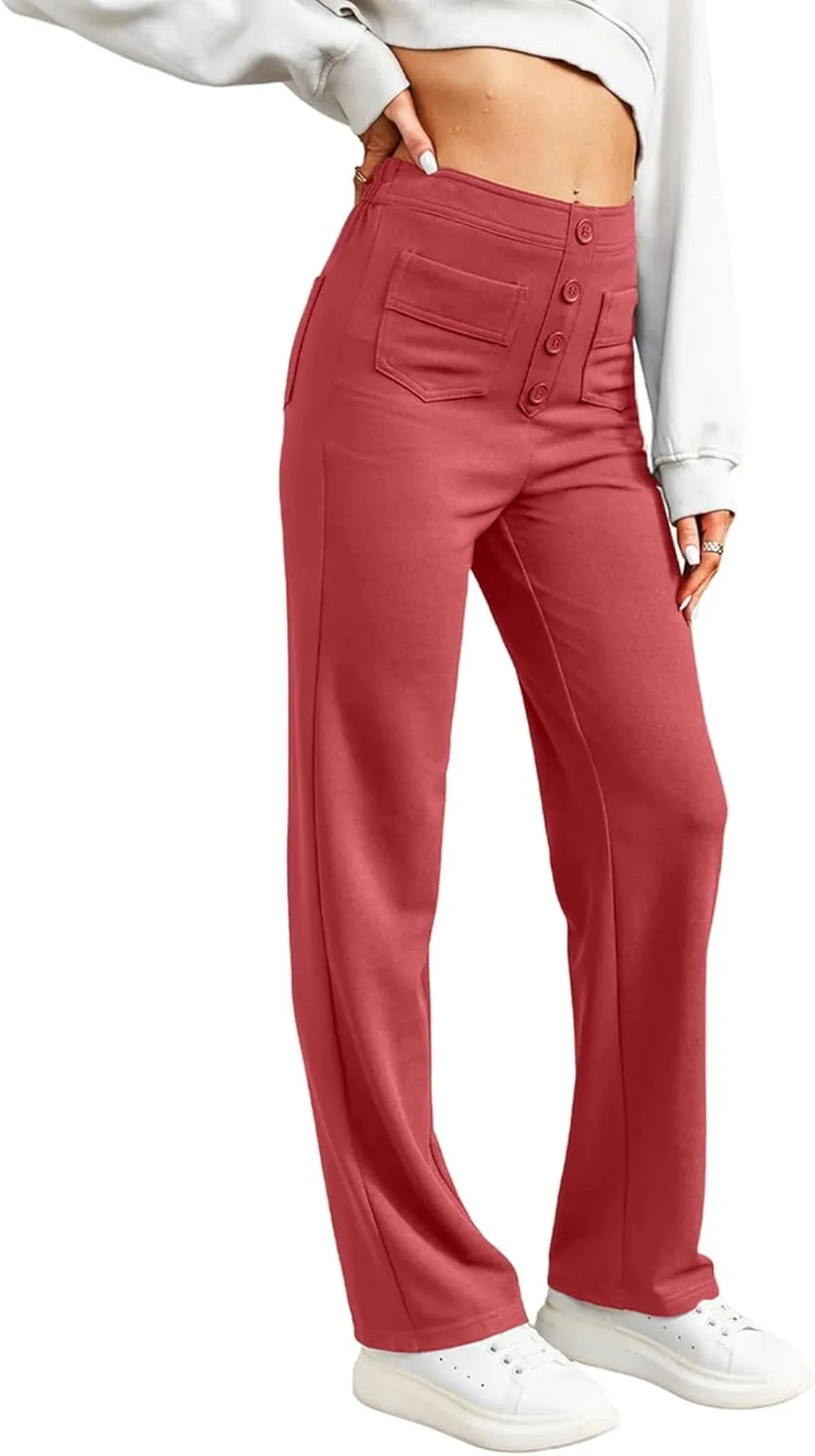 LAFOURAM Women's Straight Leg Pants High Waisted Business Casual Work Trousers with Pockets