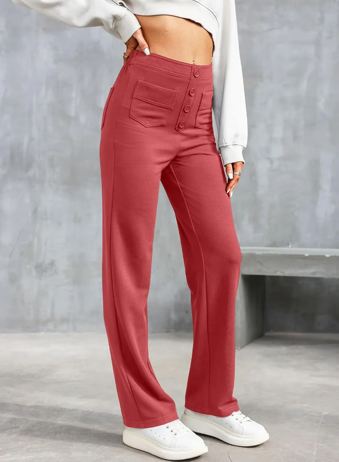 LAFOURAM Women's Straight Leg Pants High Waisted Business Casual Work Trousers with Pockets