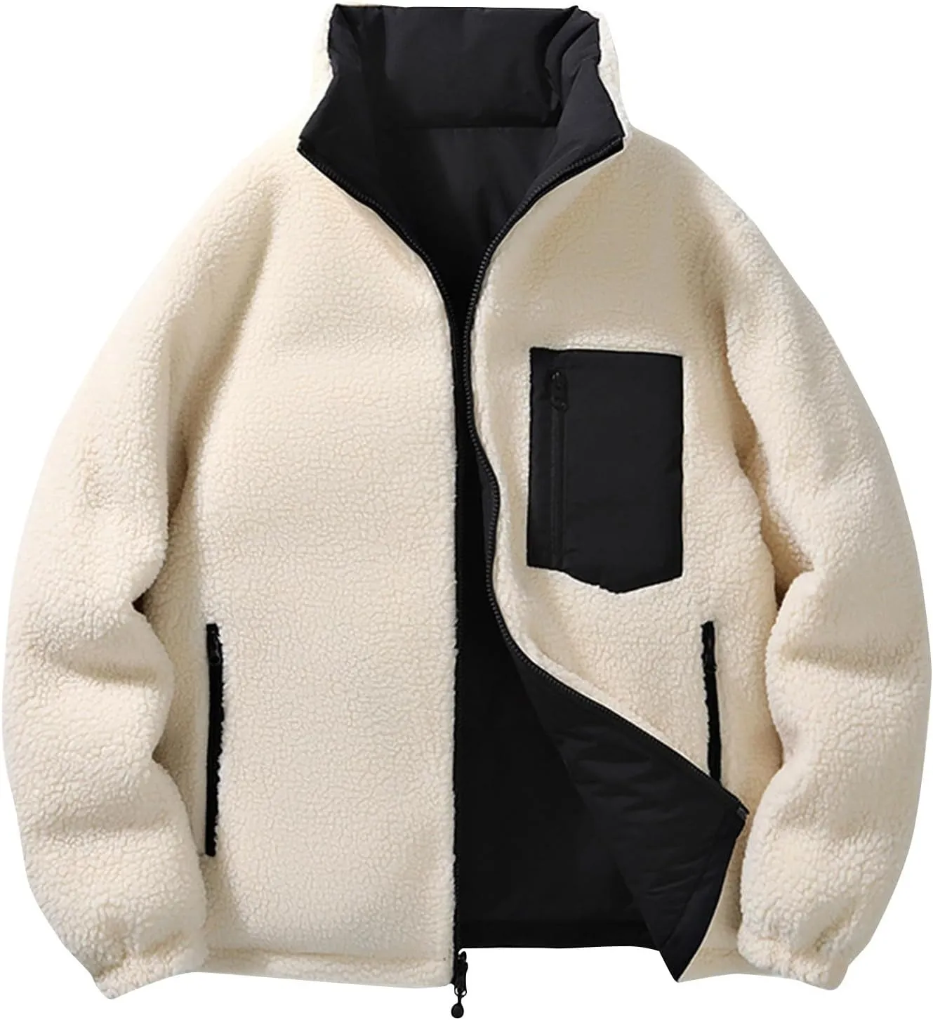 lcziwo Men's Reversible Puffer Jacket Sherpa Fleece Lined Warm Thick Quilted zip up Stand Collar cozy winter coat