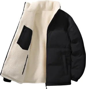 lcziwo Men's Reversible Puffer Jacket Sherpa Fleece Lined Warm Thick Quilted zip up Stand Collar cozy winter coat