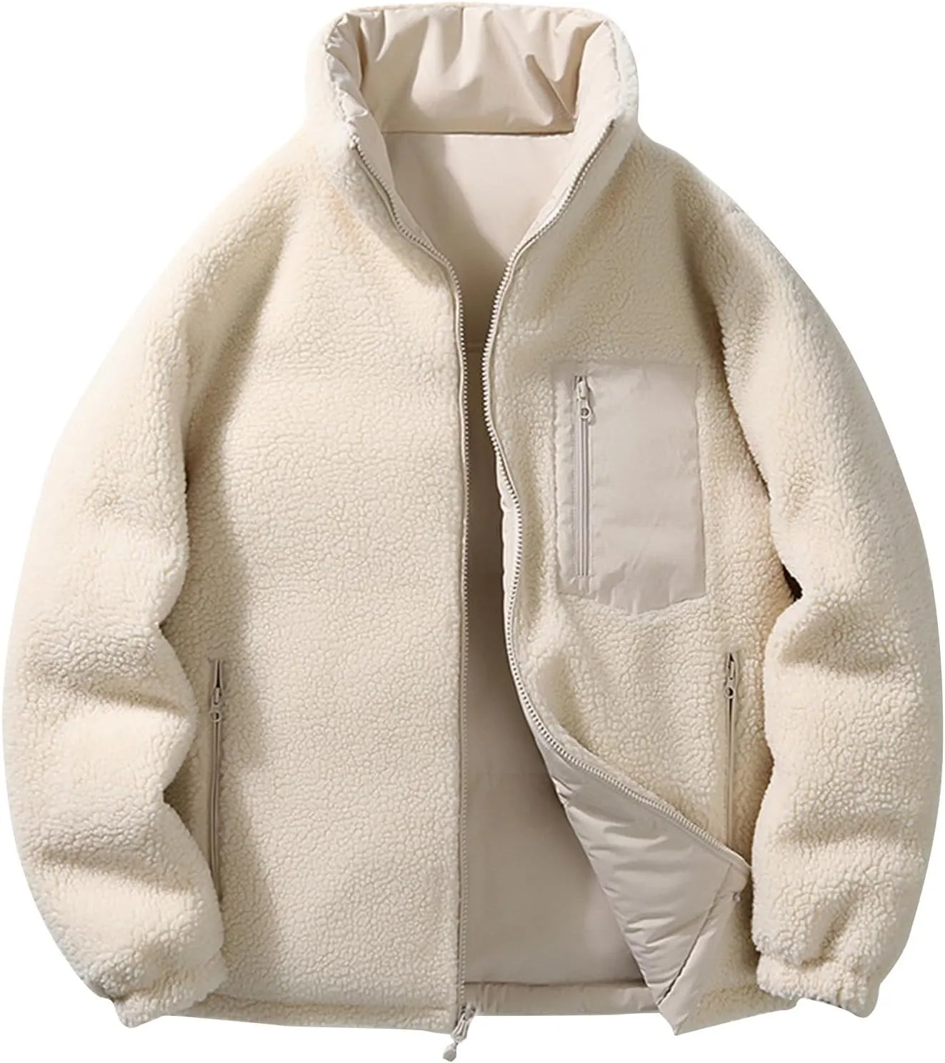 lcziwo Men's Reversible Puffer Jacket Sherpa Fleece Lined Warm Thick Quilted zip up Stand Collar cozy winter coat