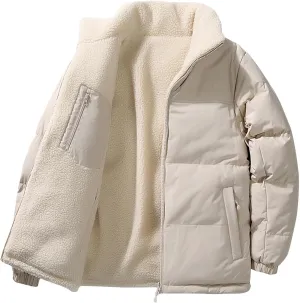 lcziwo Men's Reversible Puffer Jacket Sherpa Fleece Lined Warm Thick Quilted zip up Stand Collar cozy winter coat