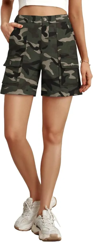 Lepunuo Cargo Shorts for Women Baggy Casual Elastic Waist Shorts Relaxed Fit Stretch Cargo Shorts with 6 Pockets