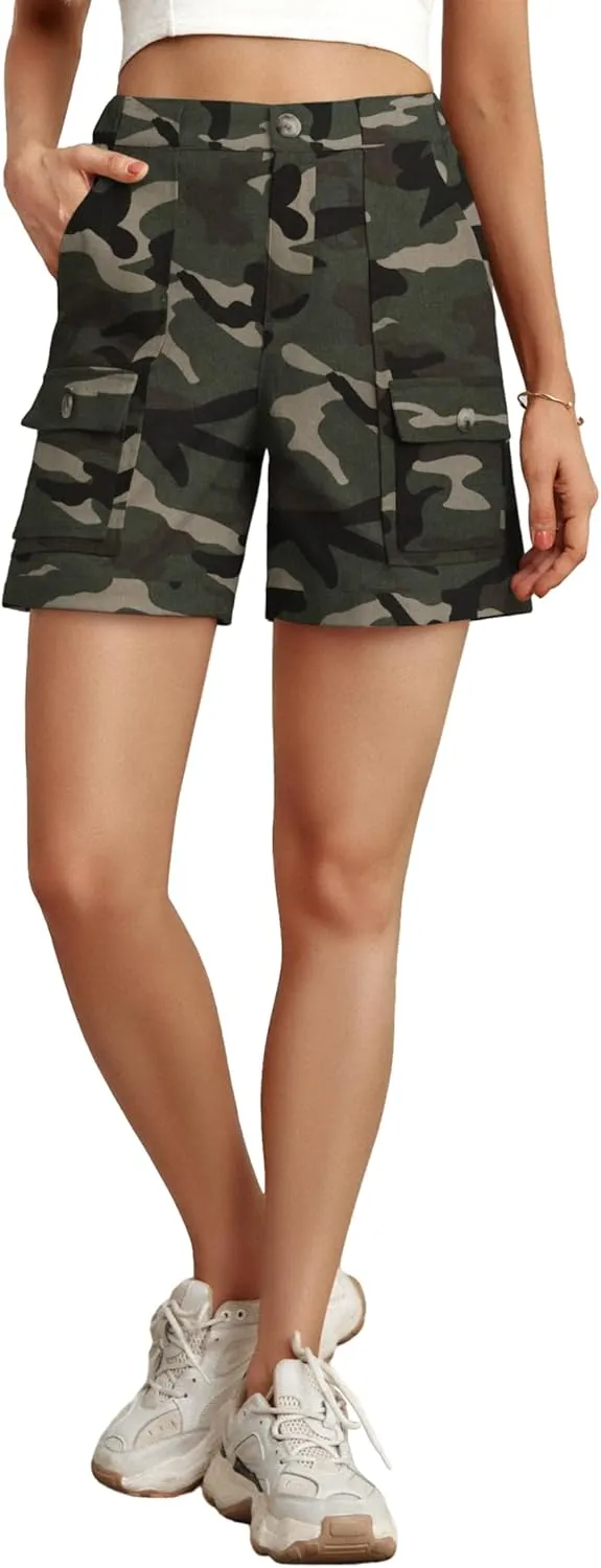 Lepunuo Cargo Shorts for Women Baggy Casual Elastic Waist Shorts Relaxed Fit Stretch Cargo Shorts with 6 Pockets