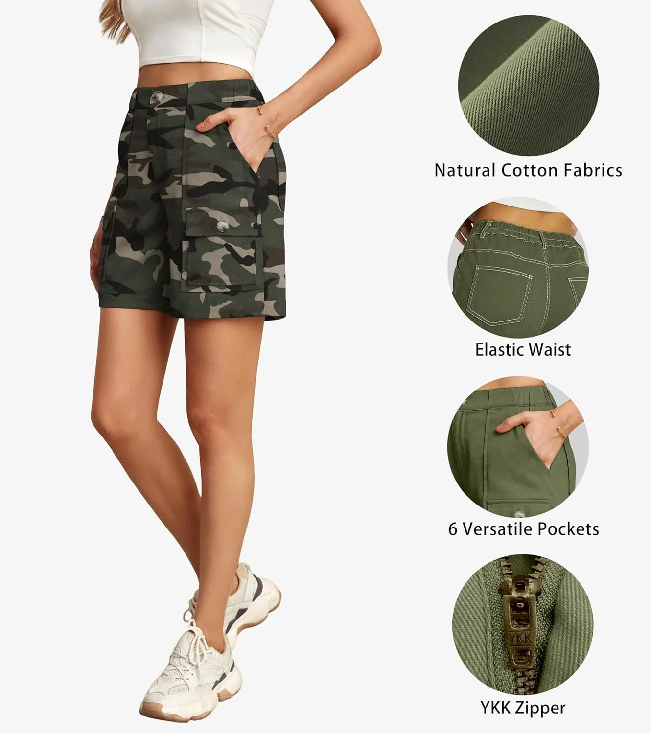 Lepunuo Cargo Shorts for Women Baggy Casual Elastic Waist Shorts Relaxed Fit Stretch Cargo Shorts with 6 Pockets