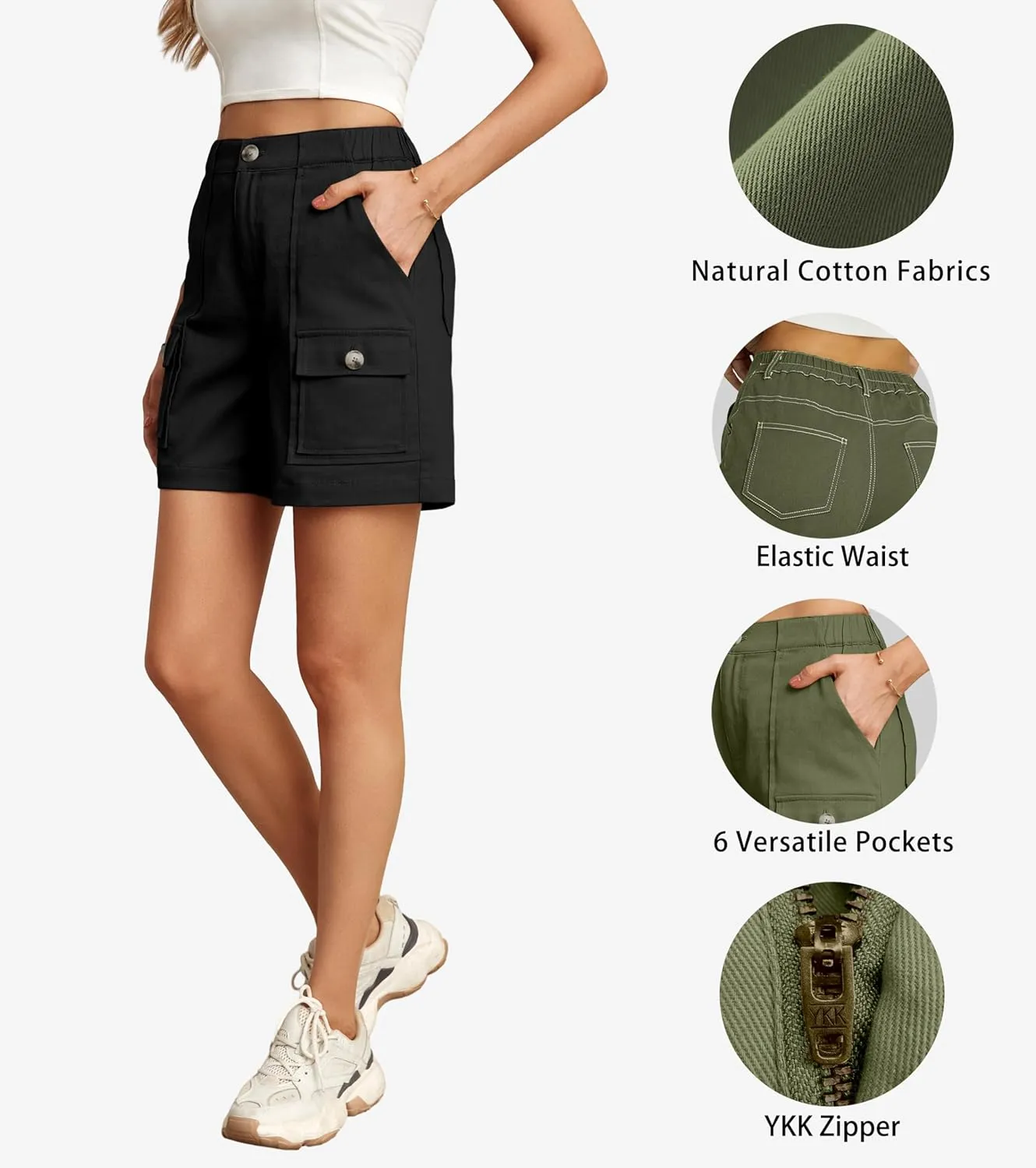 Lepunuo Cargo Shorts for Women Baggy Casual Elastic Waist Shorts Relaxed Fit Stretch Cargo Shorts with 6 Pockets
