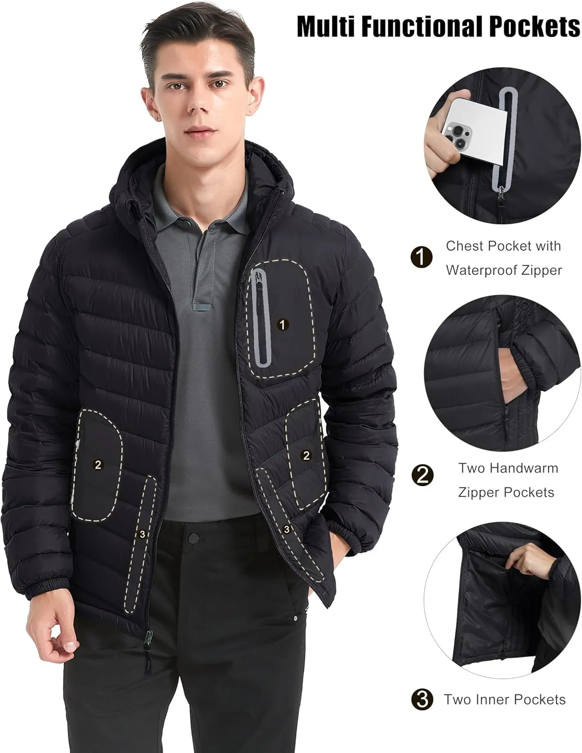 Lesmart Men Down Jacket Puffer Winter Jacket with Hooded Packable Lightweight Windproof Insulated Warm Coat