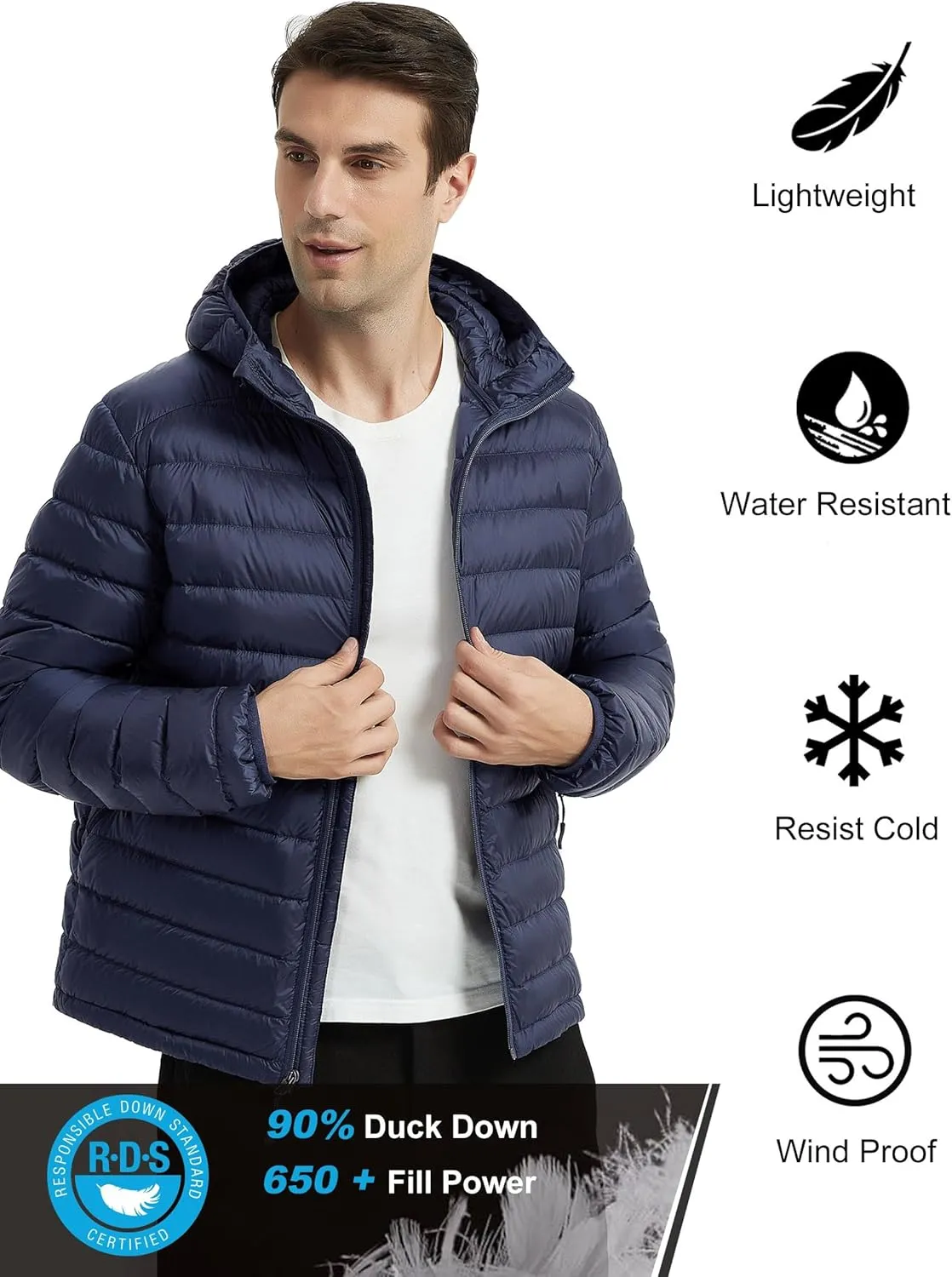 Lesmart Men Down Jacket Puffer Winter Jacket with Hooded Packable Lightweight Windproof Insulated Warm Coat