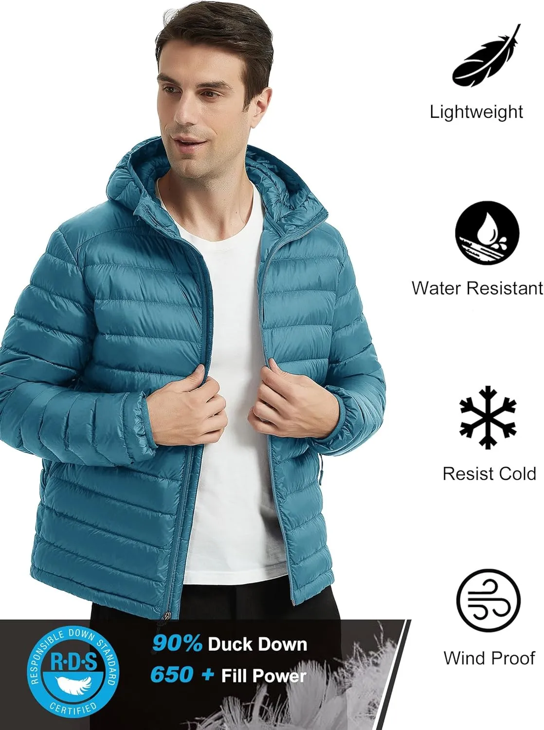 Lesmart Men Down Jacket Puffer Winter Jacket with Hooded Packable Lightweight Windproof Insulated Warm Coat