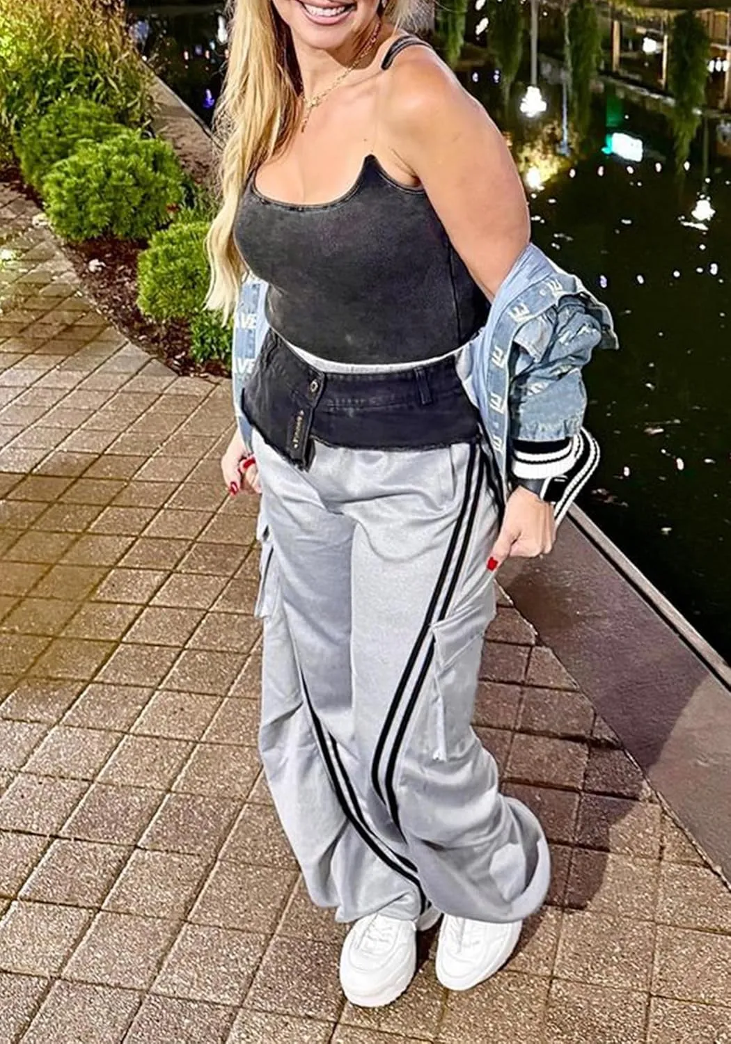 LETSVDO Women's Wide Leg Cargo Sweatpants High Waist Baggy Denim Patchwork Pants Casual Striped Track Pants