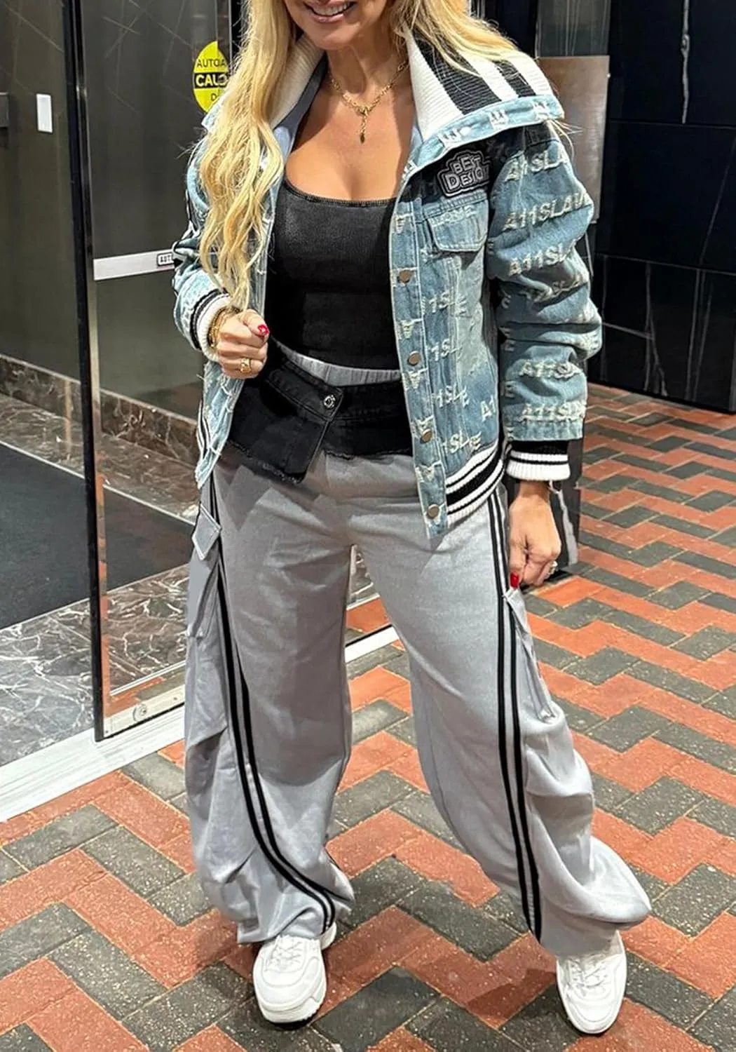 LETSVDO Women's Wide Leg Cargo Sweatpants High Waist Baggy Denim Patchwork Pants Casual Striped Track Pants