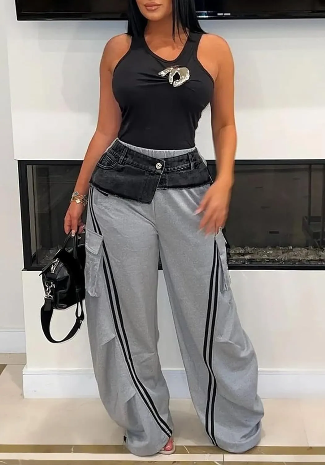 LETSVDO Women's Wide Leg Cargo Sweatpants High Waist Baggy Denim Patchwork Pants Casual Striped Track Pants