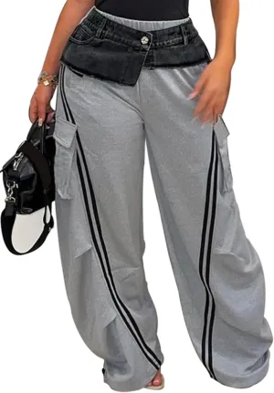 LETSVDO Women's Wide Leg Cargo Sweatpants High Waist Baggy Denim Patchwork Pants Casual Striped Track Pants