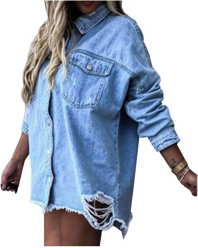 LifeShe Womens ripped distressed denim jacket shacket boyfriend fringe jean jackets coat oversized
