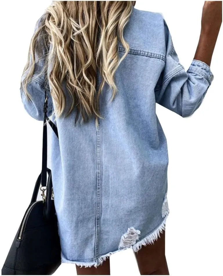 LifeShe Womens ripped distressed denim jacket shacket boyfriend fringe jean jackets coat oversized