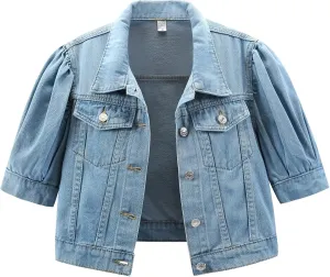 LifeShe Women's Short Sleeve denim jacket Shirt Puff Sleeve Cropped jean Jackets Shacket