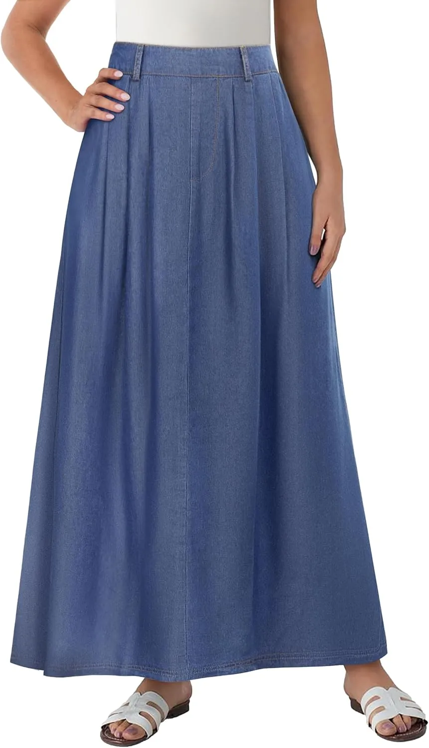 Lightweight Long Denim Skirts for Women A-line Jean Maxi Casual Skirt with Pockets Elastic Waist
