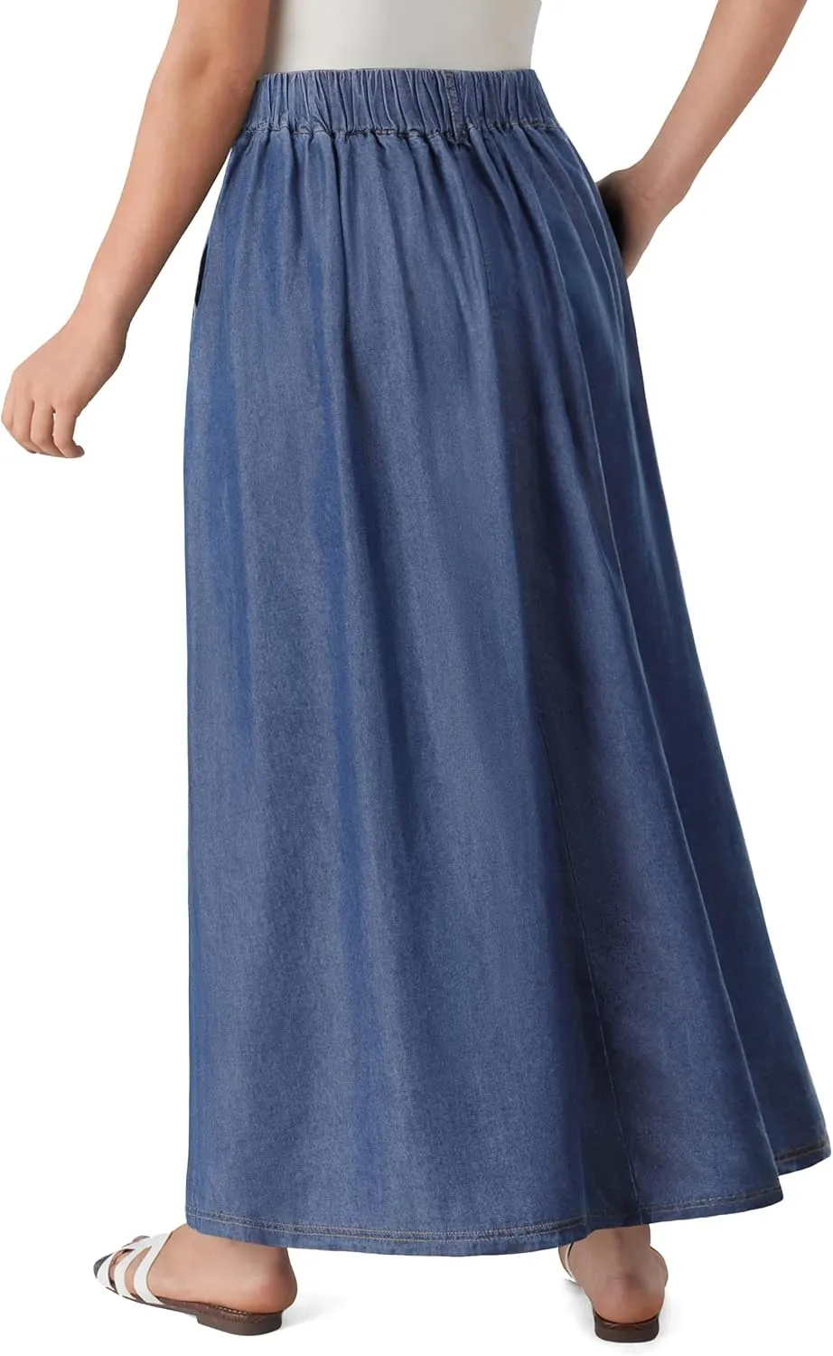 Lightweight Long Denim Skirts for Women A-line Jean Maxi Casual Skirt with Pockets Elastic Waist