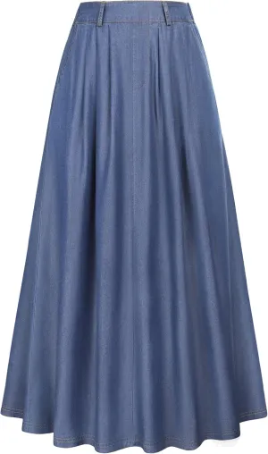 Lightweight Long Denim Skirts for Women A-line Jean Maxi Casual Skirt with Pockets Elastic Waist