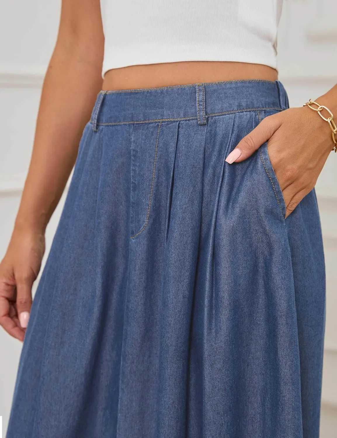Lightweight Long Denim Skirts for Women A-line Jean Maxi Casual Skirt with Pockets Elastic Waist
