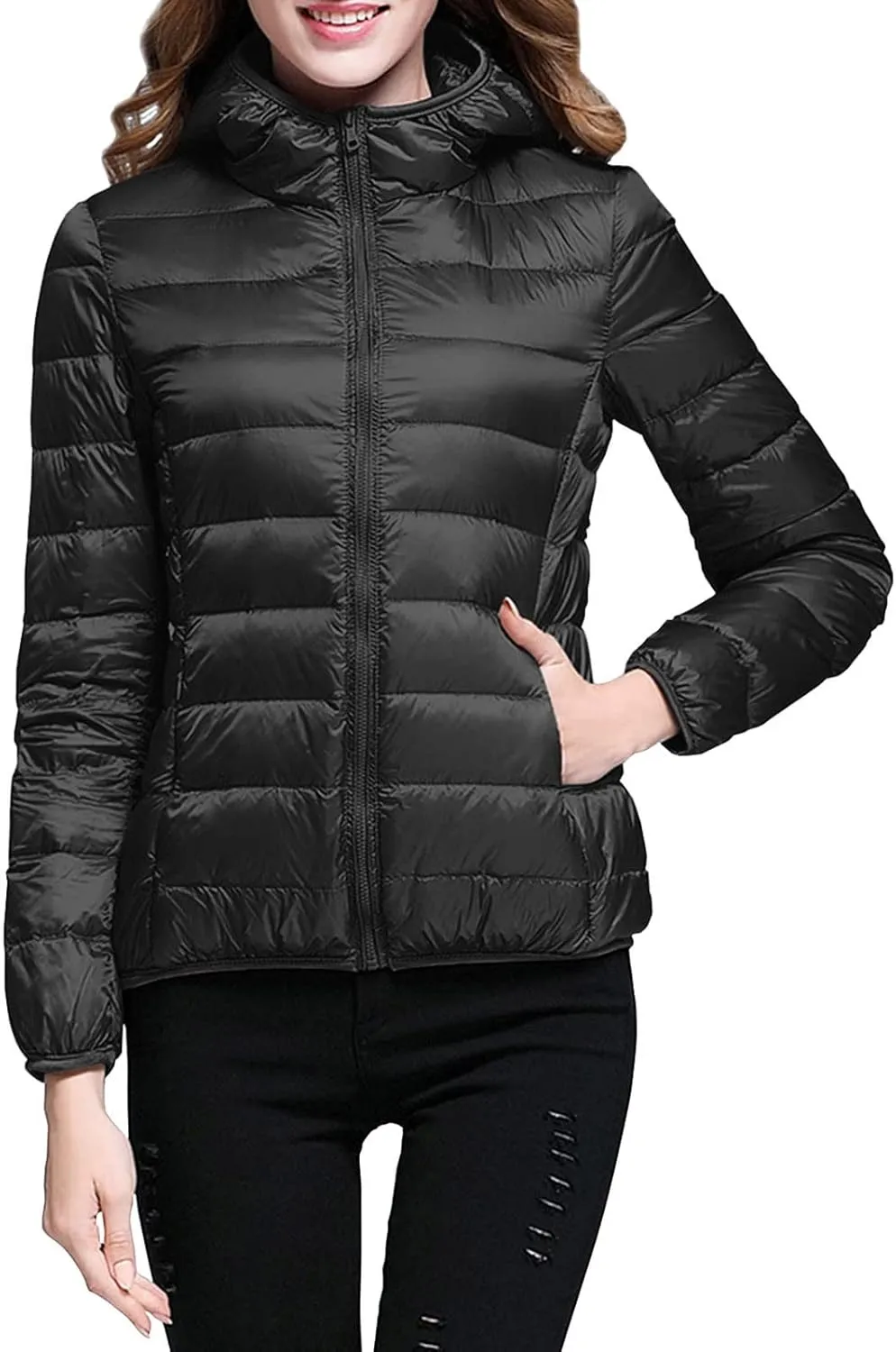 Lightweight Packable Hooded Puffer Jacket Womens Quilted Winter Down Coat Full-Zip Ski Jacket Coat Trech Coat Pea Coats