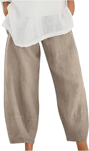 Linen Pants for Women Casual Summer Elastic Waist Sweatpants Boho Floral Print Wide Leg Palazzo Trousers with Pocket