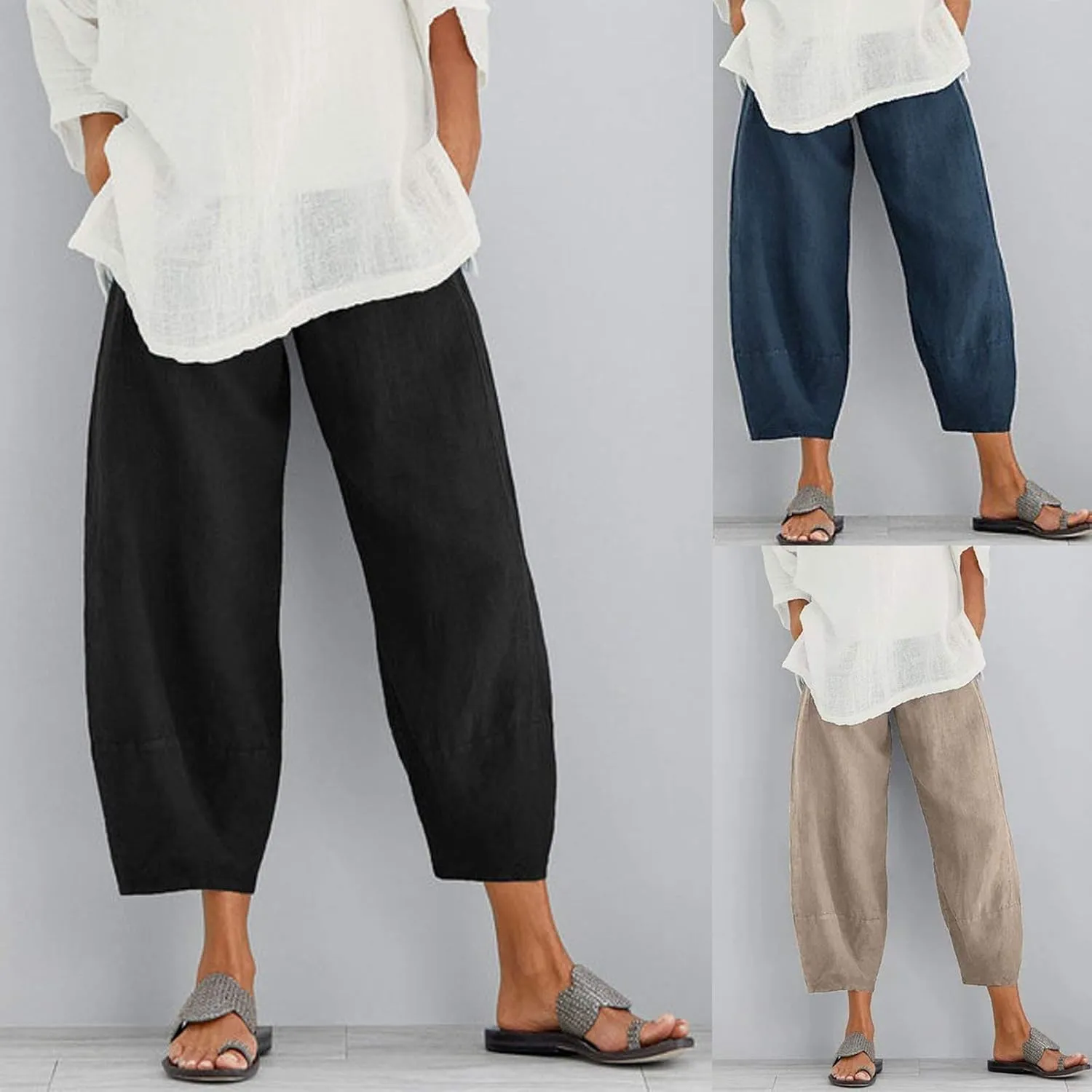 Linen Pants for Women Casual Summer Elastic Waist Sweatpants Boho Floral Print Wide Leg Palazzo Trousers with Pocket