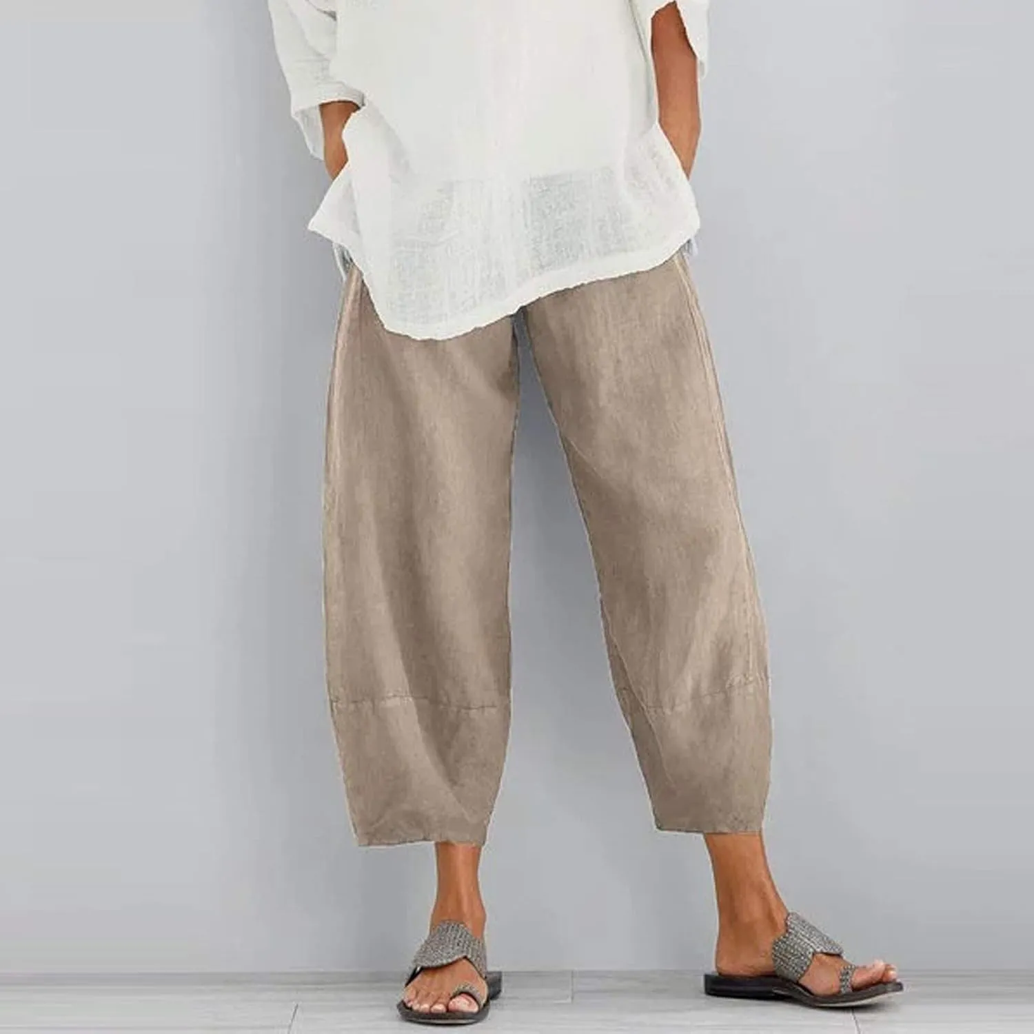 Linen Pants for Women Casual Summer Elastic Waist Sweatpants Boho Floral Print Wide Leg Palazzo Trousers with Pocket