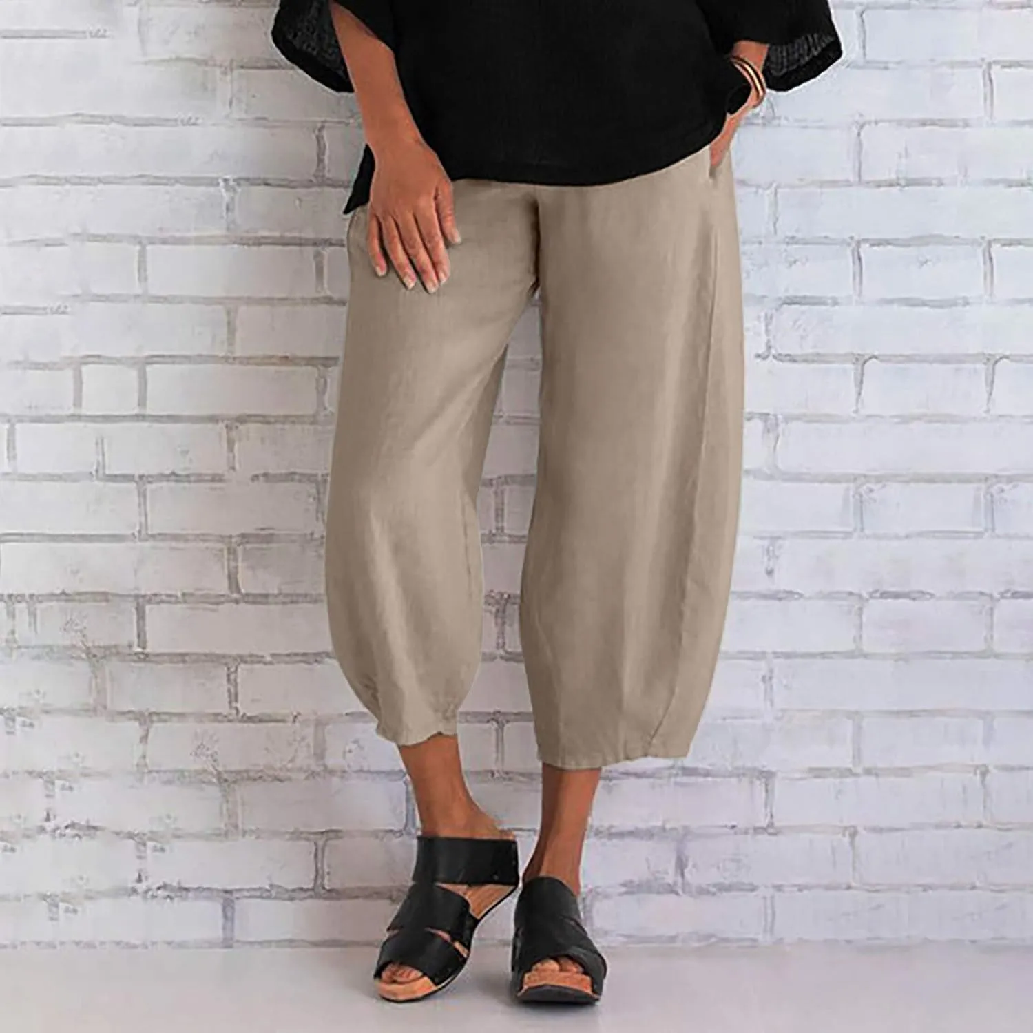 Linen Pants for Women Casual Summer Elastic Waist Sweatpants Boho Floral Print Wide Leg Palazzo Trousers with Pocket