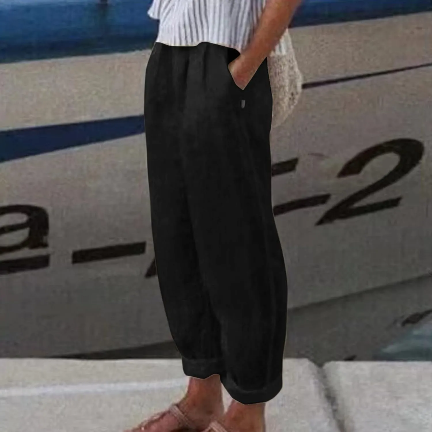 Linen Pants for Women High Waist Wide Leg Pants Loose Fit Summer Beach Pants Lightweight Long Casual Trousers Pocket