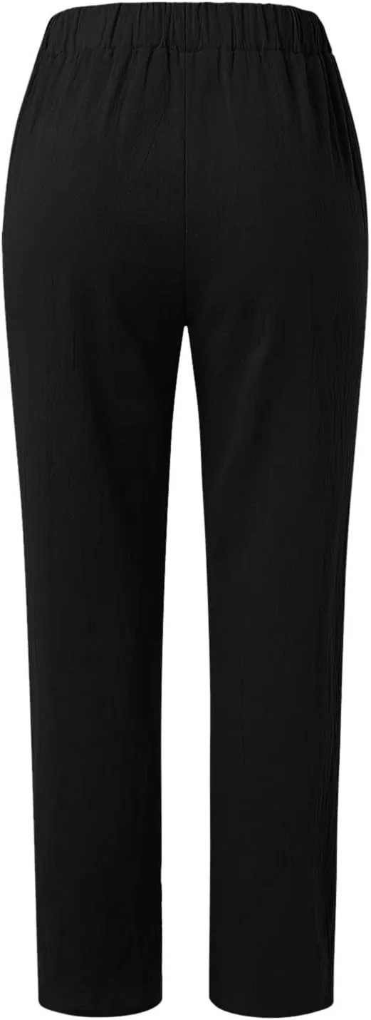 Linen Pants for Women High Waist Wide Leg Pants Loose Fit Summer Beach Pants Lightweight Long Casual Trousers Pocket