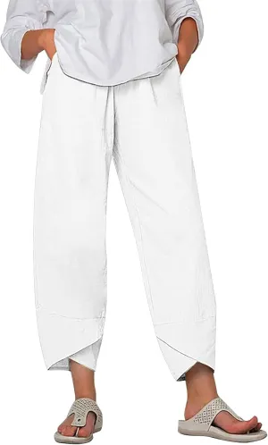 Linen Pants for Women Wide Leg High Waisted Drawstring Trousers Summer Casual Loose Trendy Beach Pants with Pockets