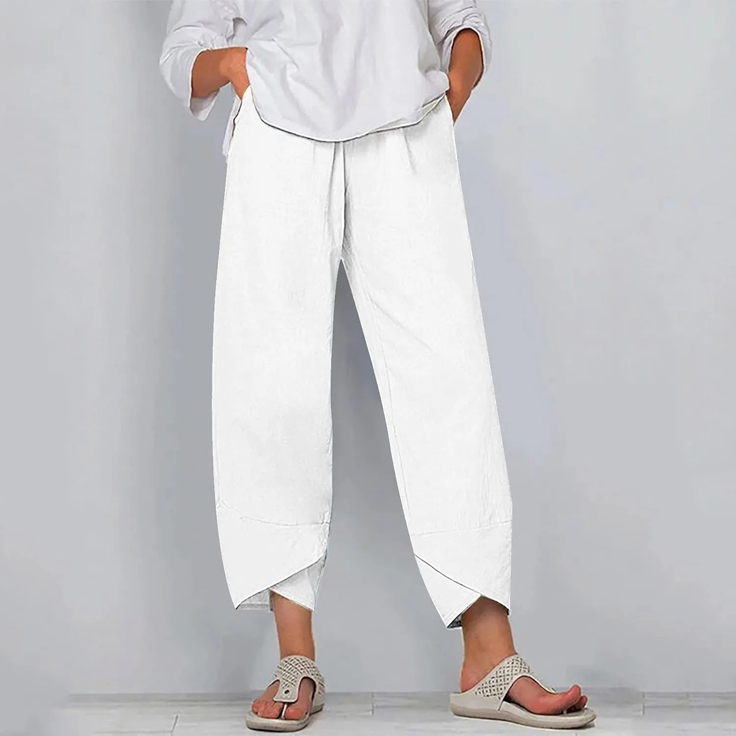 Linen Pants for Women Wide Leg High Waisted Drawstring Trousers Summer Casual Loose Trendy Beach Pants with Pockets