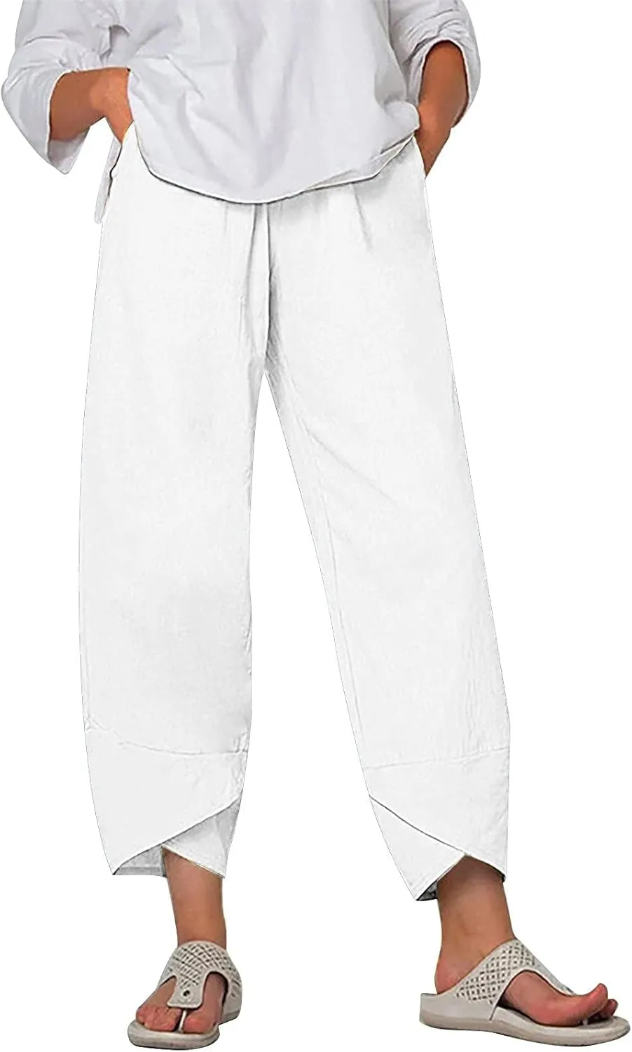 Linen Pants for Women Wide Leg High Waisted Drawstring Trousers Summer Casual Loose Trendy Beach Pants with Pockets
