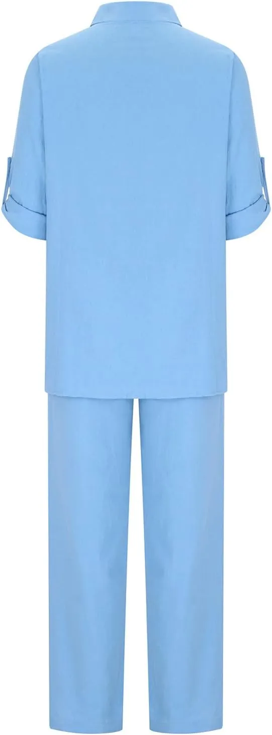 Linen Set for Women Summer 2 Piece Outfits Short Sleeve Shirt and Pants Set Wide Leg Lounge Set with Pockets