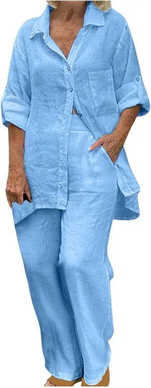 Linen Set for Women Summer 2 Piece Outfits Short Sleeve Shirt and Pants Set Wide Leg Lounge Set with Pockets