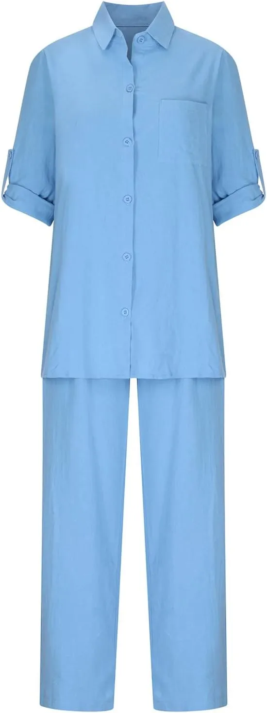 Linen Set for Women Summer 2 Piece Outfits Short Sleeve Shirt and Pants Set Wide Leg Lounge Set with Pockets