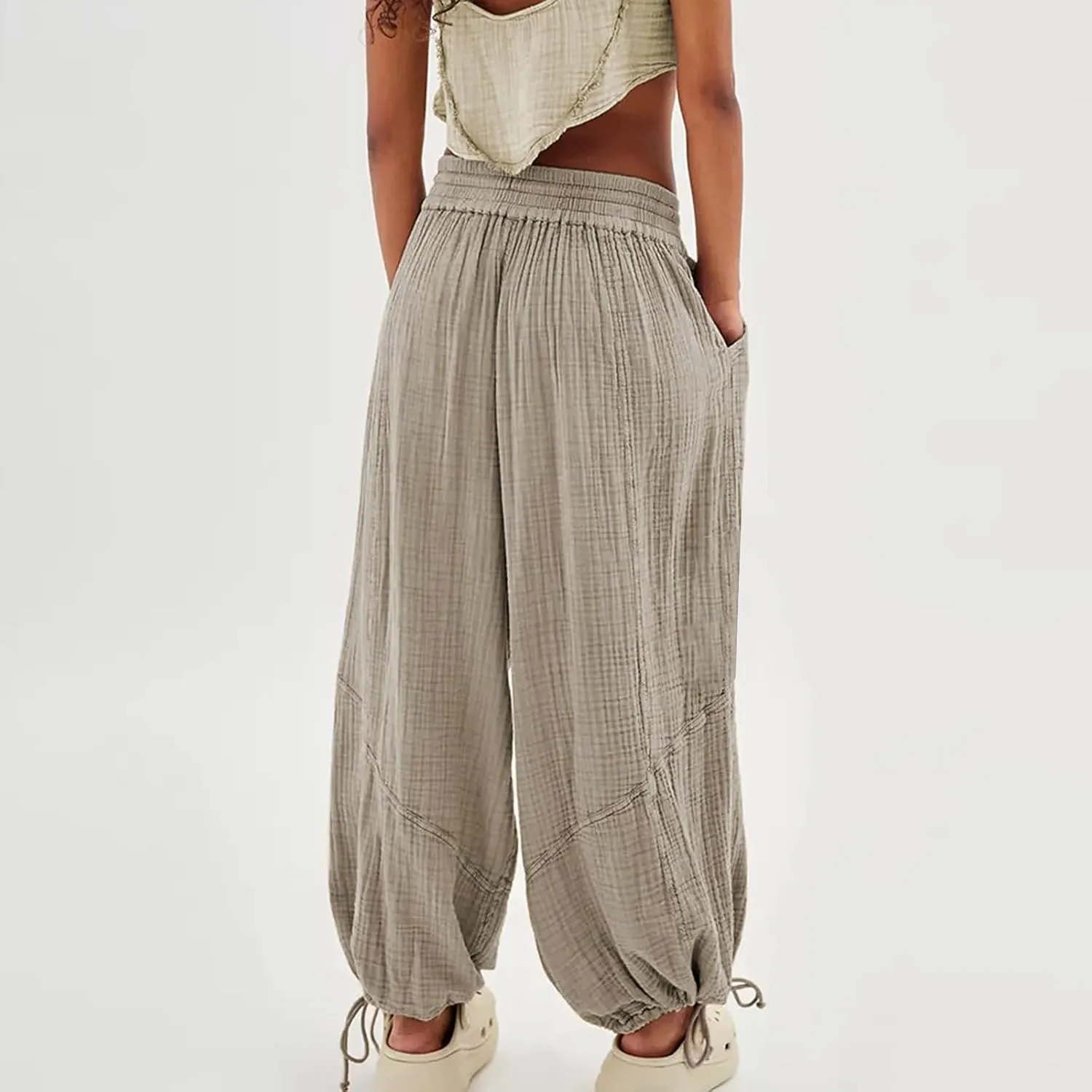 Litetao Linen Pants Women Summer Short Womens Casual Elastic Drawstring Pants Straight Trousers with Pockets Cargo Pants
